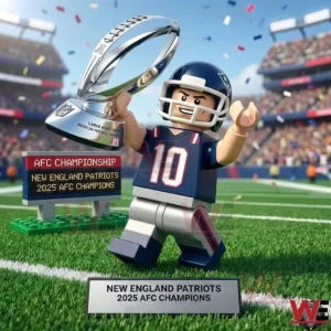 Brick style football champion figure holding a trophy at midfield inside a packed stadium!