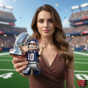 Woman holding a brick style football champion figure on a field during a celebratory stadium moment!
