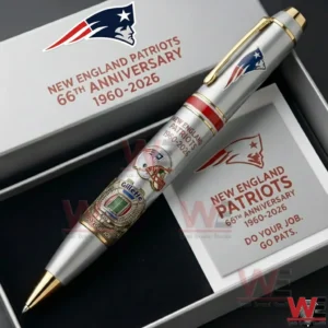Close up of a New England Patriots 66th anniversary commemorative pen in a gray presentation box with team logo and text 1960 to 2026!