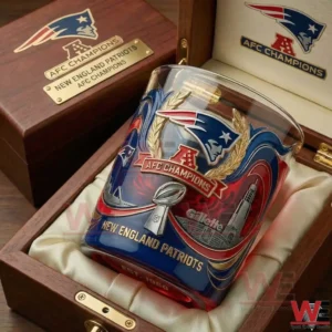 Whiskey glass with New England Patriots championship design resting in an elegant wooden gift box!