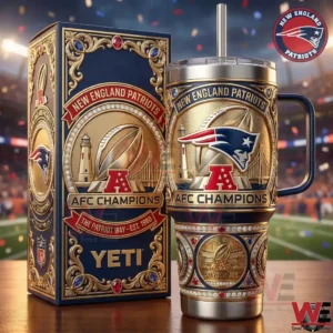 New England Patriots championship themed tumbler with decorative gold design and collector box!