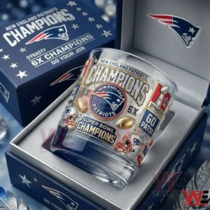 New England Patriots Champions six times Super Bowl whiskey glass displayed in a premium branded gift box!