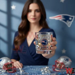 Woman holding a New England Patriots Champions six times Super Bowl whiskey glass in a studio with team themed decor!