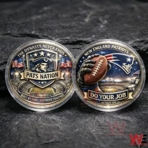 Two New England Patriots commemorative coins shown together with detailed artwork including team logo football imagery and strong championship themed design!