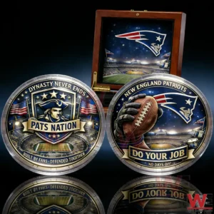 New England Patriots coin set featuring Pats Nation and Do Your Job artwork with a display box background!