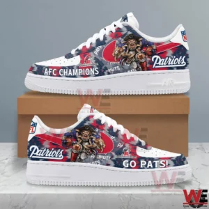 Side view of New England Patriots themed sneakers with red blue white colors and team graphics!