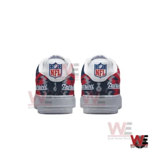 Back view of New England Patriots themed sneakers with NFL logo and red blue pattern!