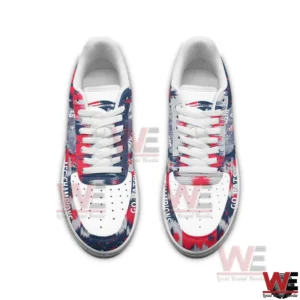 Top view of New England Patriots themed sneakers with white laces and bold color accents!
