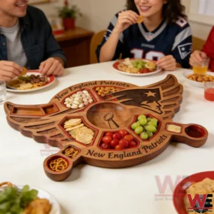 New England Patriots Premium Wooden Charcuterie Board 4 A New England Patriots wooden serving board sits on a table surrounded by people enjoying snacks together!