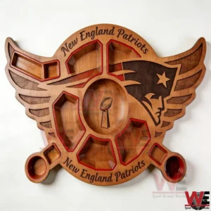 New England Patriots Premium Wooden Charcuterie Board 5 A top view of a New England Patriots wooden charcuterie board showing carved sections and detailed craftsmanship!