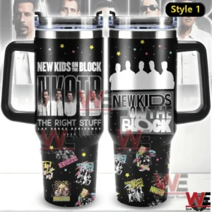 Two black New Kids On The Block tumblers displayed side by side showing a band photo design on one side and a silhouette logo design on the other!
