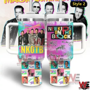 Two colorful New Kids On The Block tumblers shown side by side with a band photo collage design and a logo with autograph graphics in a retro pop art style!
