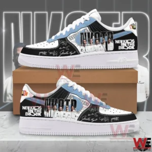 White black and light blue New Kids On The Block sneakers with band photo collage and signature style graphics displayed on a cardboard box with large NKOTB themed background design!
