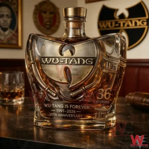 Wu Tang anniversary whiskey bottle displayed on a bar table!