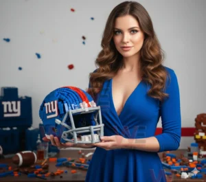 Woman holding a New York Giants building blocks football helmet in a studio setting!