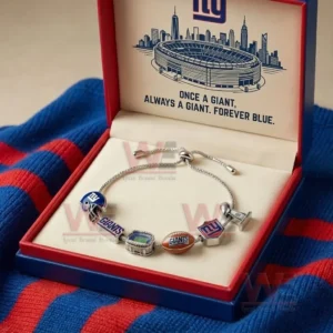Silver adjustable charm bracelet in a red and blue gift box with Once a giant always a giant forever blue message and New York Giants helmet stadium football NY logo trophy and text charms.