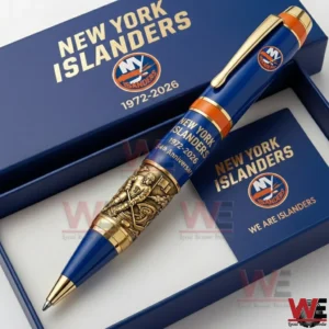 Blue and gold collectible pen displayed in a luxury box themed around the New York Islanders hockey team!