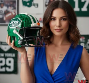 A woman poses indoors holding a green New York Jets football helmet created from building blocks with team colors and logo clearly visible!