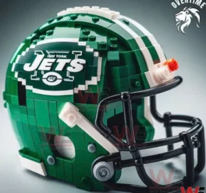 A detailed green New York Jets football helmet built from building blocks is displayed against a clean background emphasizing craftsmanship and design!