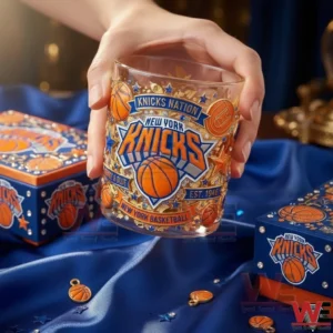 Hand holding a New York Knicks whiskey glass with basketball design!