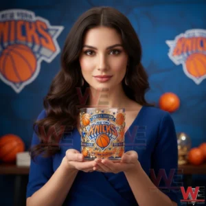 Woman holding a New York Knicks whiskey glass in a studio setting!