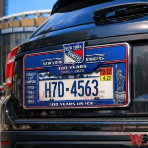 Rear of a vehicle showing a New York license plate H seven D four five six three in a New York Rangers themed frame with team logo and anniversary text.