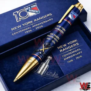 New York Rangers centennial pen in a navy gift box with gold anniversary text team shield logo and hockey themed artwork.