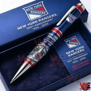 Premium New York Rangers anniversary pen set in blue red and silver inside a branded gift box with logo and 100th Anniversary 1926 2026 text!