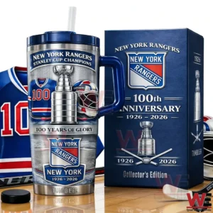 New York Rangers one hundredth anniversary handled tumbler with straw and matching collector edition box on a bright background featuring Stanley Cup artwork team logo and hockey gear!