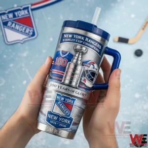 Person holding a New York Rangers one hundredth anniversary handled tumbler with straw showing Stanley Cup graphic goalie mask jersey with the number one hundred and team logo on an ice rink themed background!