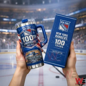 Two hands holding a blue New York Rangers one hundredth anniversary handled tumbler and a matching limited edition gift box with a blurred hockey rink background!