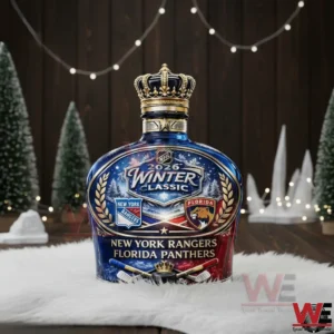 Decorative 2026 Winter Classic whiskey bottle with New York Rangers and Florida Panthers logos set in a winter themed display!