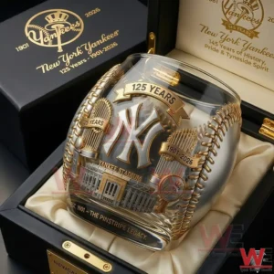 New York Yankees anniversary whiskey glass placed in an elegant gift box with gold toned baseball themed design!