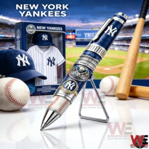 New York Yankees collectible pen with blue design and metal details displayed on a stand with baseball gear and a stadium background!