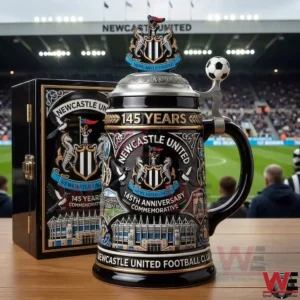 Newcastle United commemorative beer stein displayed in front of a football stadium!