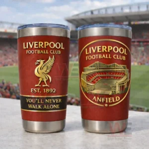 Two red Liverpool Football Club tumblers with liver bird emblem established 1892 text Youll Never Walk Alone and an Anfield stadium illustration displayed in front of a stadium background