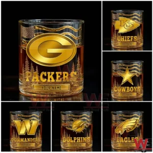 Several personalized American football whiskey glasses with gold team logos and decorative details arranged in a clean studio style presentation!