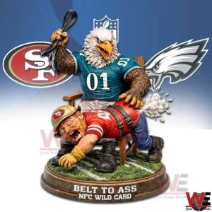 An eagle mascot in green seated on a chair raises a strap while overpowering a red uniform rival on a round grass platform!