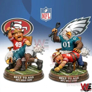 NFL Philadelphia Eagles x San Francisco 49ers Mascot Belt to Ass NFC Wild Card 3D Resin Figurine 6 Multiple angles of a sports rivalry figurine showing an eagle mascot and a red clad opponent in dramatic poses!