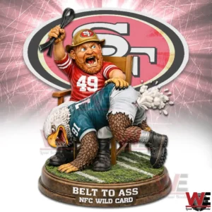 NFL Philadelphia Eagles x San Francisco 49ers Mascot Belt to Ass NFC Wild Card 3D Resin Figurine 7 A red team mascot seated on a chair overpowering an eagle mascot on a textured grass base!