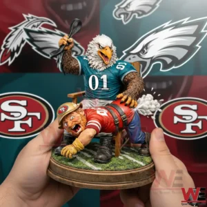 NFL Philadelphia Eagles x San Francisco 49ers Mascot Belt to Ass NFC Wild Card 3D Resin Figurine 8 Hands holding a detailed eagle mascot figurine dominating a red uniform rival with team logos behind!