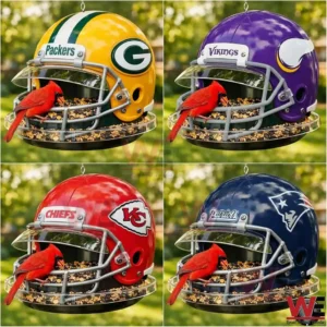 NFL Team Football Helmet Bird Feeder 3 Collage of NFL team helmet bird feeders in green purple red and navy colors filled with birdseed and shown with a cardinal bird on each feeder in a sunny yard setting!