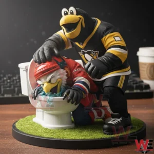 Hockey mascot figurine with one character pushing another into a toilet on a display base!