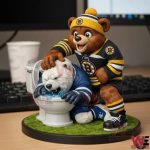 Bear hockey mascot figurine pushing another mascot into a toilet on a small base!
