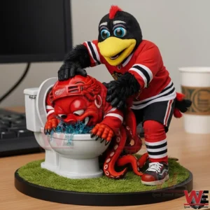 Bird hockey mascot figurine pushing an octopus character into a toilet!