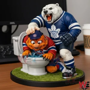 White bear hockey mascot figurine pushing another mascot into a toilet on a display base!