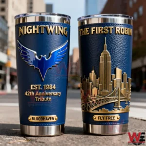 Blue Nightwing themed insulated tumblers with wing emblem anniversary tribute and Bloodhaven name displayed outdoors!