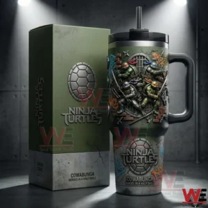 Green handled tumbler with embossed Ninja Turtles characters beside a matching gift box with turtle shell emblem on a dark studio background!