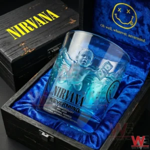 Nirvana nevermind themed anniversary glass displayed in a wooden box with blue lining!