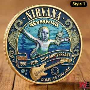Nirvana Nevermind 35th Anniversary Coin 4 Nirvana Nevermind style one commemorative coin on a wooden surface featuring a swimming baby design with thirty fifth anniversary text and come as you are lettering.
